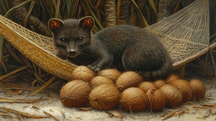 Dark-furred mammal rests in hammock, surrounded by coconuts