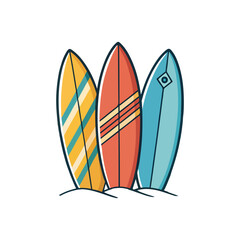 Three colorful surfboards are standing upright on the sand, ready for a day of surfing, with a transparent background

