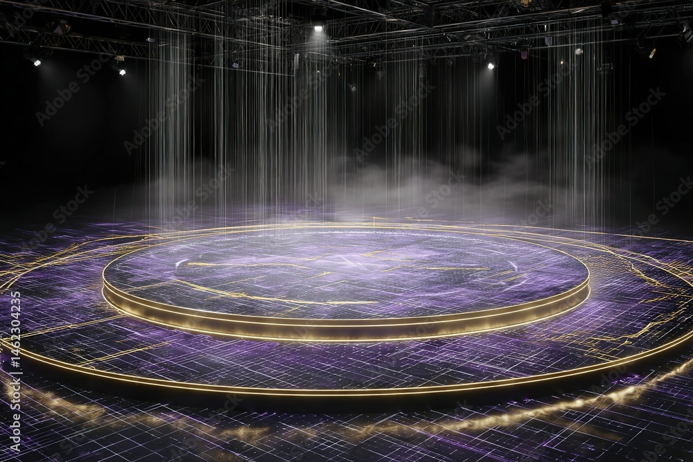 Poster innovative stage design features glowing circular platform with mist in a dynamic performance space