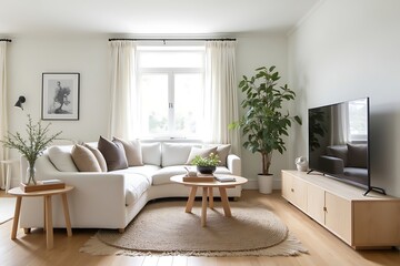 Fototapeta premium Bright Living Room with Round Jute Rug, White Sectional Sofa, and Natural Wood Accents 