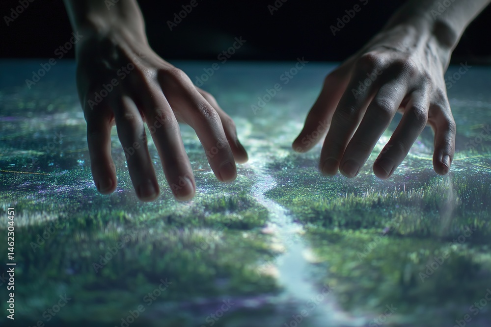 Poster hands interact with a digital landscape model showcasing intricate details of nature and waterways i
