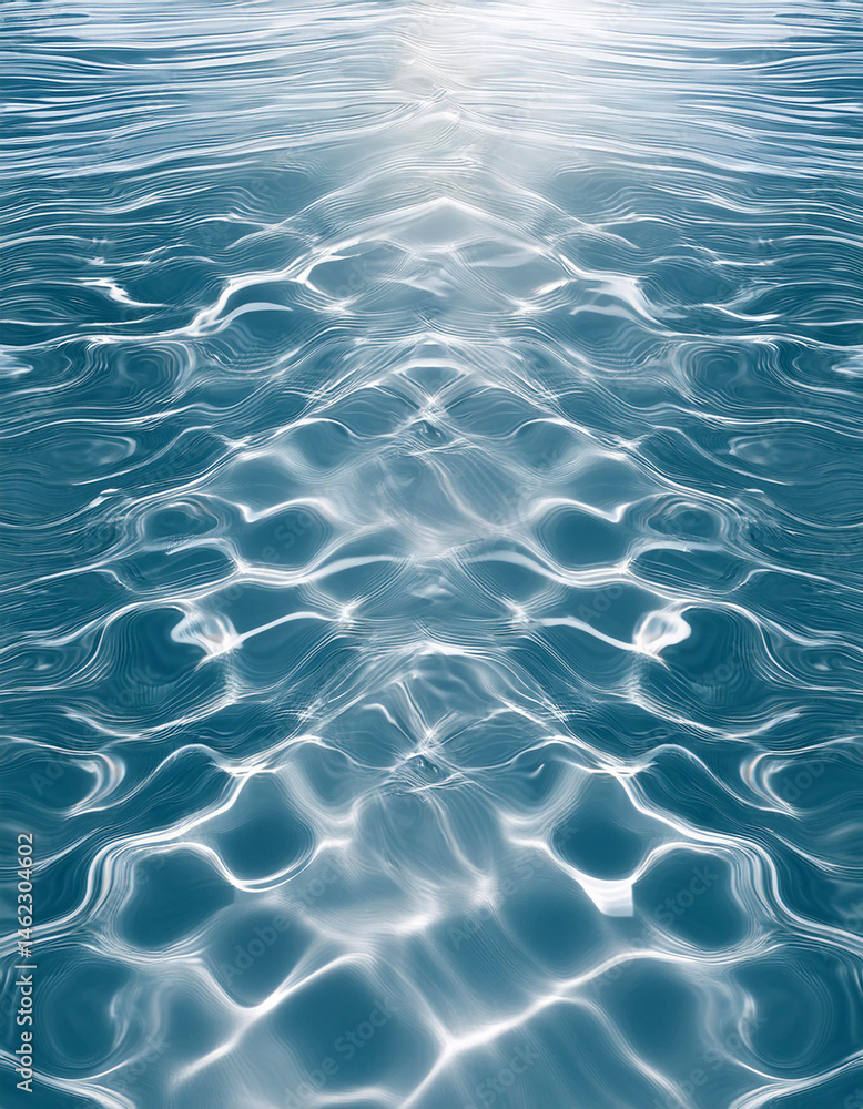 Poster sunlight reflects and refracts on a clear blue water surface, creating shimmering patterns and a sen