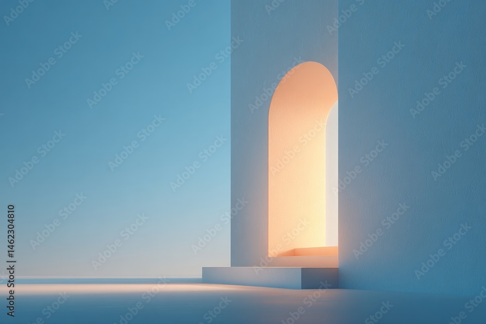 Poster minimal 3d illustration showcases empty podium with rectangular frame elegantly situated in spacious