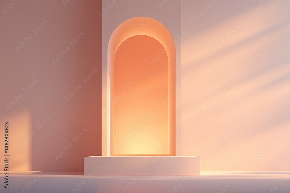 Poster minimal 3d illustration showcases empty podium with rectangular frame elegantly situated in spacious