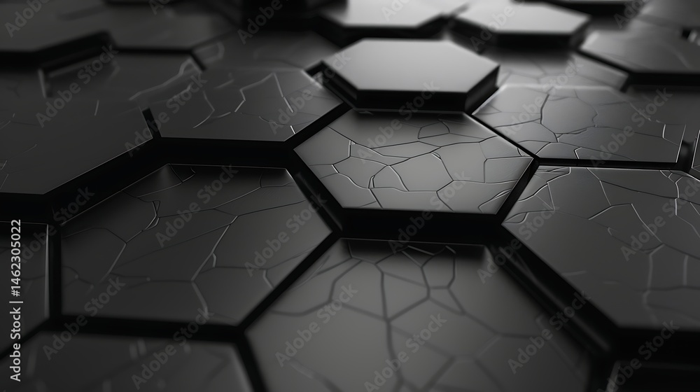 Poster close-up of dark, cracked hexagonal tiles on a textured surface. abstract geometric background with 