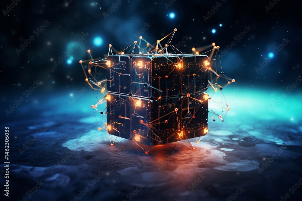 Poster interconnected cube: abstract data network in a sci-fi digital realm