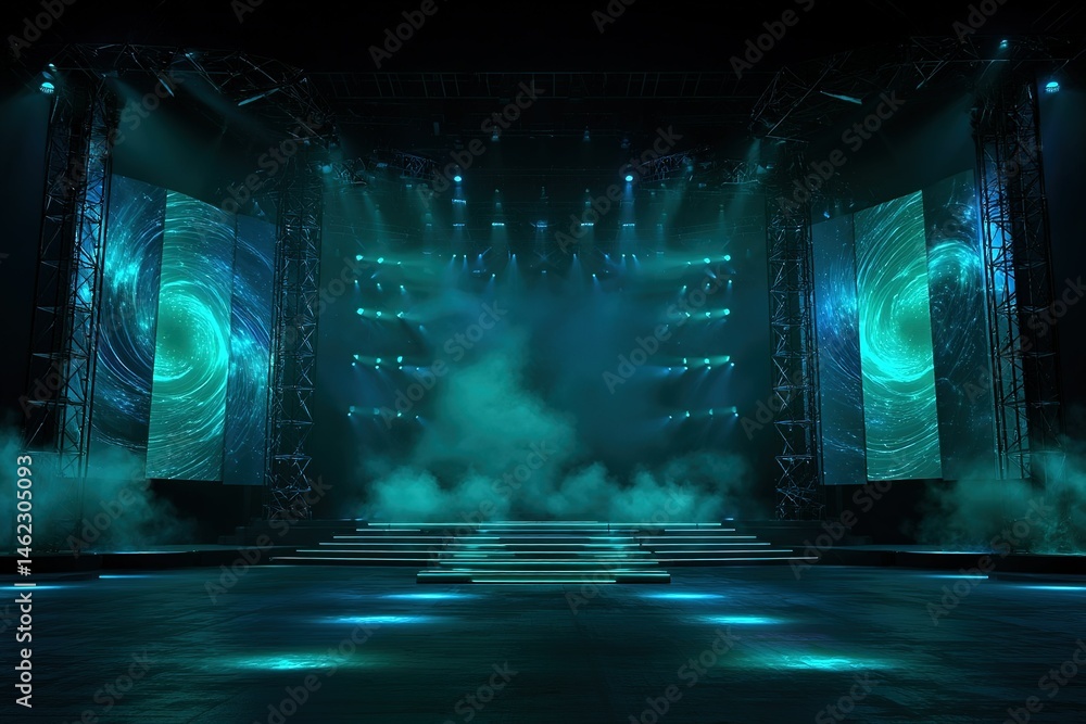 Poster dynamic stage setup featuring vibrant blue lighting and visual effects for an electrifying performan