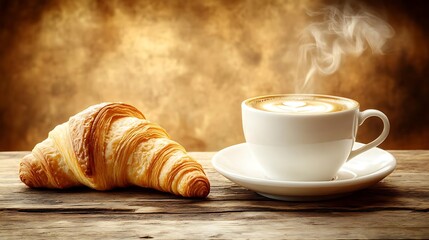 Coffee, croissant, breakfast, wood, steam, morning, cafe, food, drink, still life