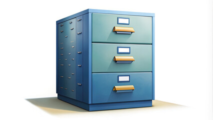 Blue and green metal filing cabinet with three drawers, isolated on white