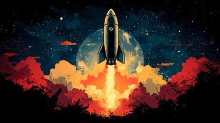 A dynamic and creative badge for a startup, featuring an abstract rocket icon to symbolize innovation and forward-thinking, with a bold color palette of red and black