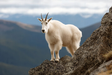 majestic mountain goat standing on rocky cliff bathed in soft sunlight filtering through clouds