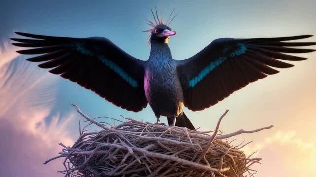 Male magnificent frigatebird on its nest
