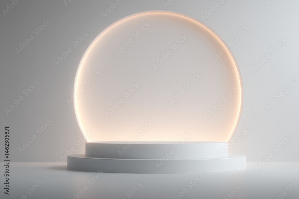 Poster minimalistic scene with simple empty podium and elegant geometric frame in background