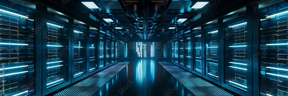Poster futuristic data center aisle with rows of server racks illuminated by blue neon lights. technology, 