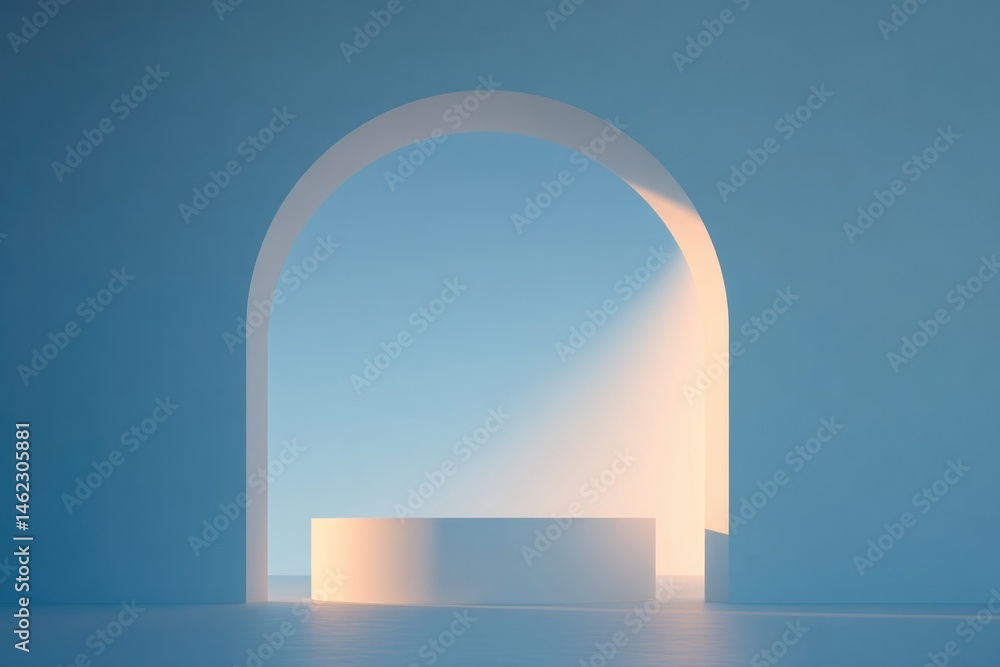 Poster minimalistic scene with simple empty podium and elegant geometric frame in background