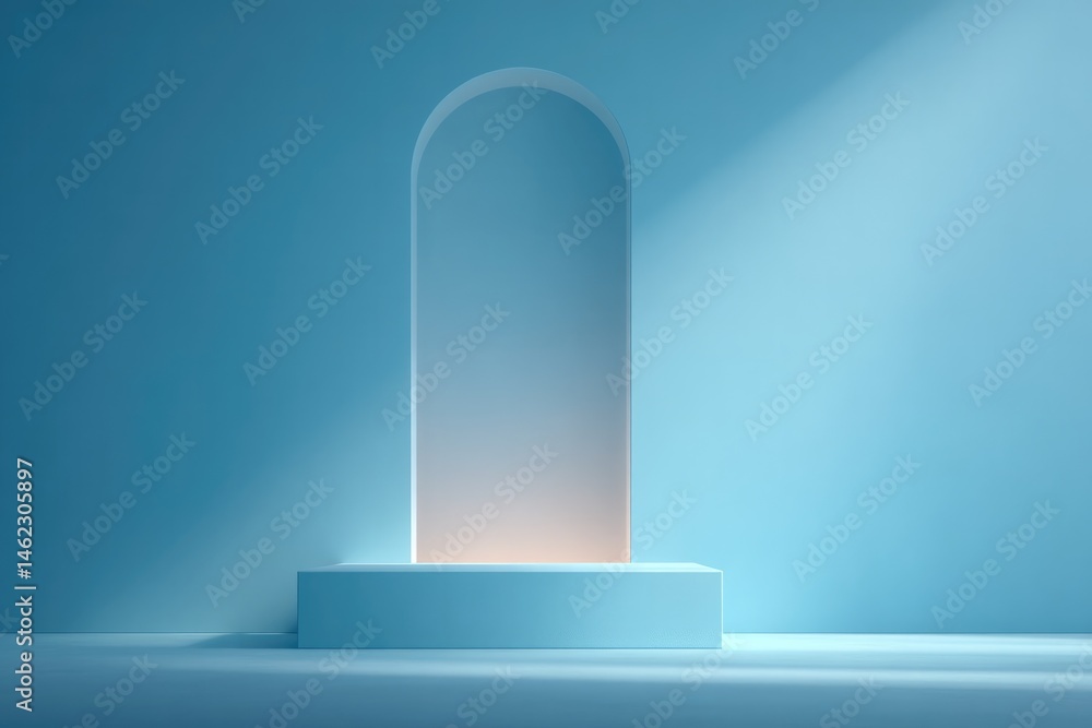 Poster minimalistic scene with simple empty podium and elegant geometric frame in background