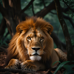 Fototapeta premium A lion laying down in the middle of a forest