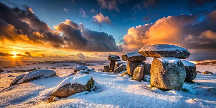 Mystical Snow-Covered Trippet Stones, Bodmin Moor, Cornwall, UK - Low Light Winter Landscape