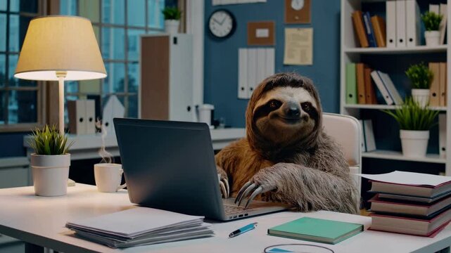 A humorous video concept featuring a sloth at a desk in an office setting. The eye-level angle captures a playful, surreal work environment.