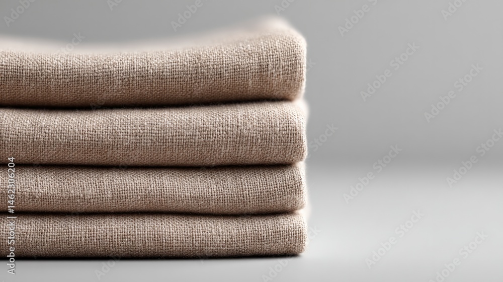 Poster neatly folded stack of neutral-colored linens placed on light background