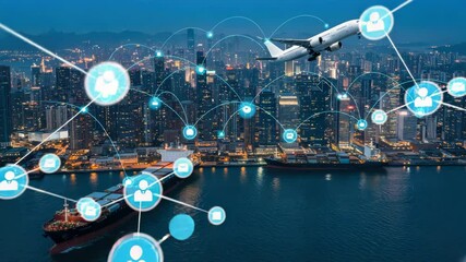 Showcasing the vibrant link between shipping ports and air traffic at dusk in the skyline