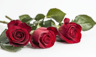 Fresh Red Roses with Green Leaves on a White Background for Floral Decoration and Romantic Occasions in Love and Relationship Themes