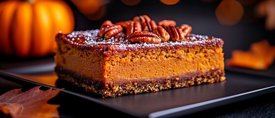 Pumpkin pie cheesecake bar topped with pecans