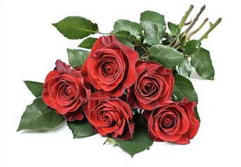 Fresh Red Roses with Green Leaves on White Background Perfect for Celebrations, Weddings, and Romantic Occasions in High-Quality Stock Photography