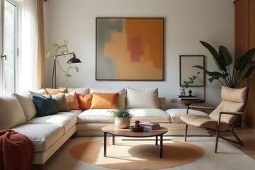 Comfortable Living Room with Beige Sofa, Modern Art, and Natural Light, Creating a Warm and Inviting Interior Scene for Relaxed Living                