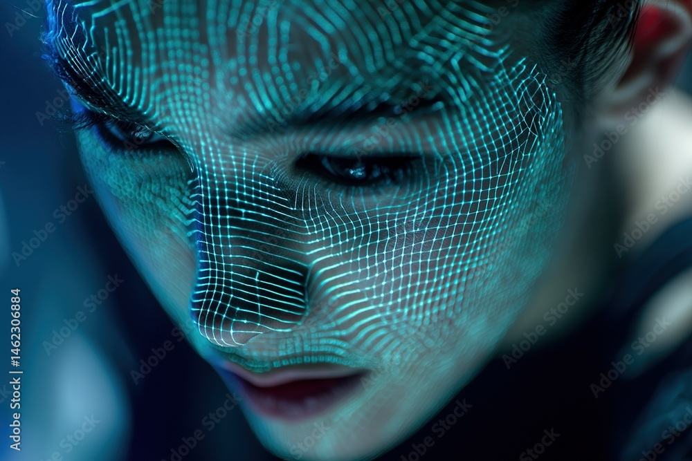Aufkleber person with glowing facial patterns in an artistic and futuristic setting during a creative event at