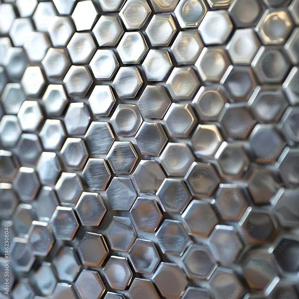 Poster close-up of a textured metallic surface with a repeating hexagonal tile pattern. modern, industrial,