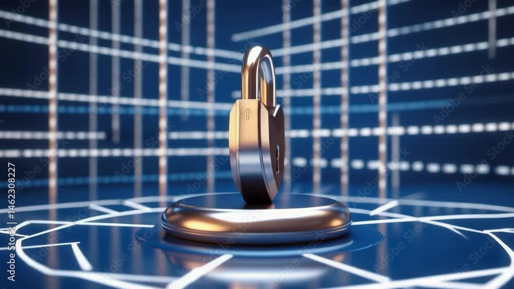 Poster ai shield padlock on round chrome button set against dark blue background with white grid line as di