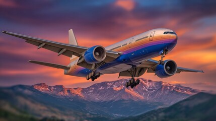 Fototapeta premium A commercial airplane landing against a stunning sunset backdrop
