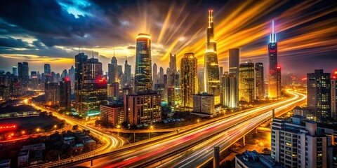 Fototapeta premium Night Cityscape Portrait: Red & Yellow Light Streaks, Dramatic Skyline