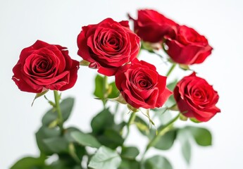Six Vibrant Red Roses with Lush Green Leaves Against a Soft Light Background, Perfect for Celebrations and Romantic Occasions