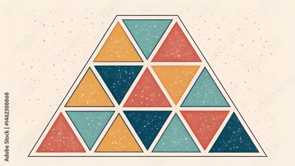 Poster a triangular arrangement of multicolored triangles with a speckled background and a dark outline sha