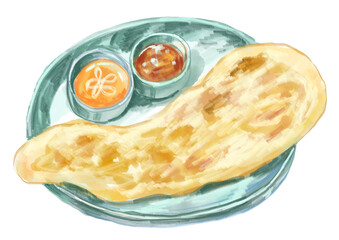 美味しそうな焼きたてのナンとカレーの水彩イラスト(透過PNG)