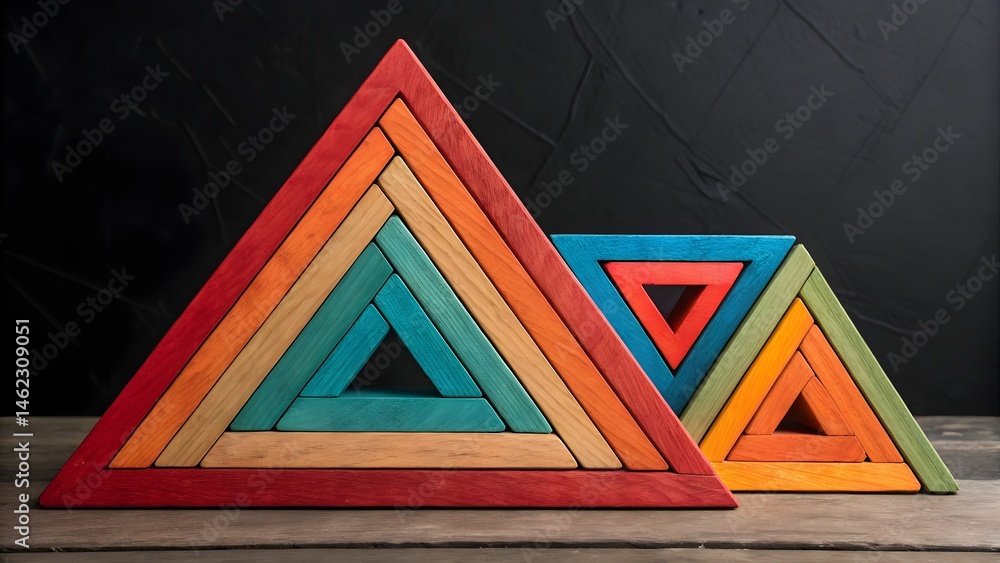 Poster two nested triangle structures made of colorful wooden blocks on a wooden surface against a dark bac