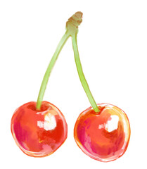 新鮮で美味しそうなさくらんぼ水彩イラスト(透過PNG)