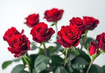 Fototapeta premium Stunning Arrangement of Fresh Red Roses with Lush Green Leaves Perfect for Celebrations, Gifts, or Romantic Occasions to Convey Love and Affection