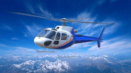 Fototapeta premium A blue and white helicopter flying over majestic snow-capped mountains