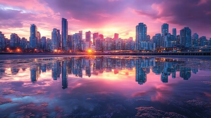 Fototapeta premium Stunning Cityscape at Sunset with Colorful Reflections in Water