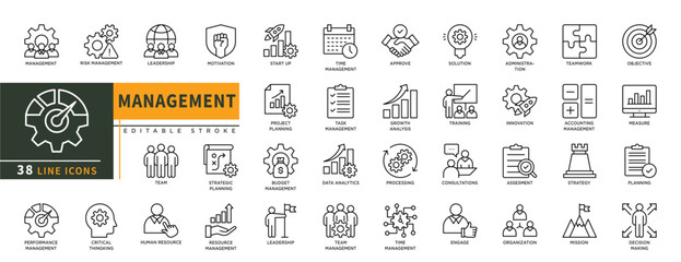 Minimalist Management line icons set with editable stroke, featuring risk management, leadership, motivation, team, planning, start up, approve, growth analysis, training. thin linear illustration.