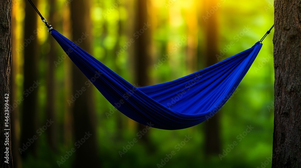 Poster blue hammock hangs securely between two trees inside a lush green forest with dappled sunlight shini