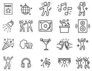 Fototapeta na wymiar Energetic party icons set capturing celebrations with music, dance, and festive spirit, line art style