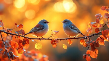 Obraz premium Two birds sitting on a branch with autumn leaves in the background, during the golden hour, creating a cute scene.