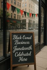 Naklejka premium Black-Owned Business Sign with Juneteenth Celebration Chalkboard and Pan-African Bunting in Urban Storefront