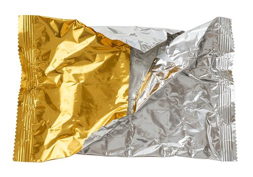 A partially unwrapped candy bar wrapper showing gold and silver foil on a white background isolated view