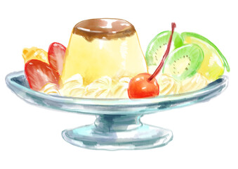 美味しそうな喫茶店のプリンアラモードの手描き水彩イラスト(透過PNG)
