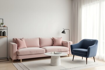Elegant Living Room Scene with Pink Sofa and Blue Accent Chair Near Bright Window.                                                                    